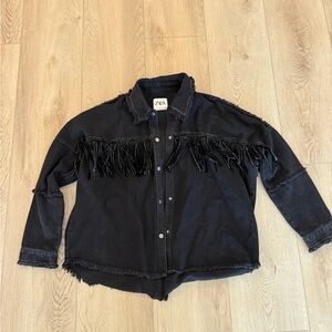 Zara Black Denim Jacket with Fringe and rhinestones